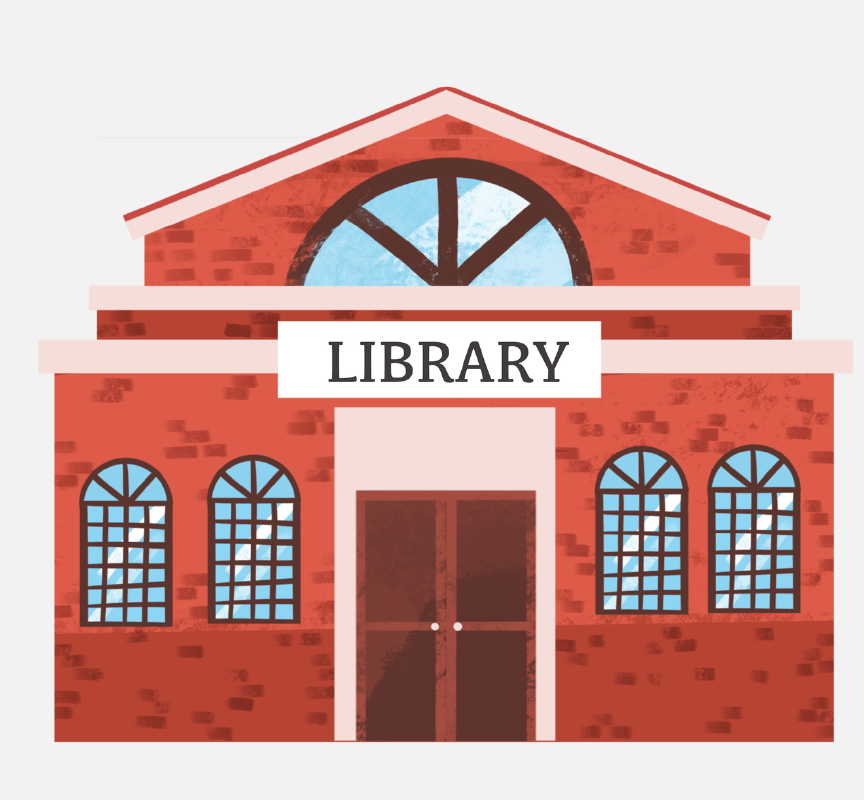 A red library building.