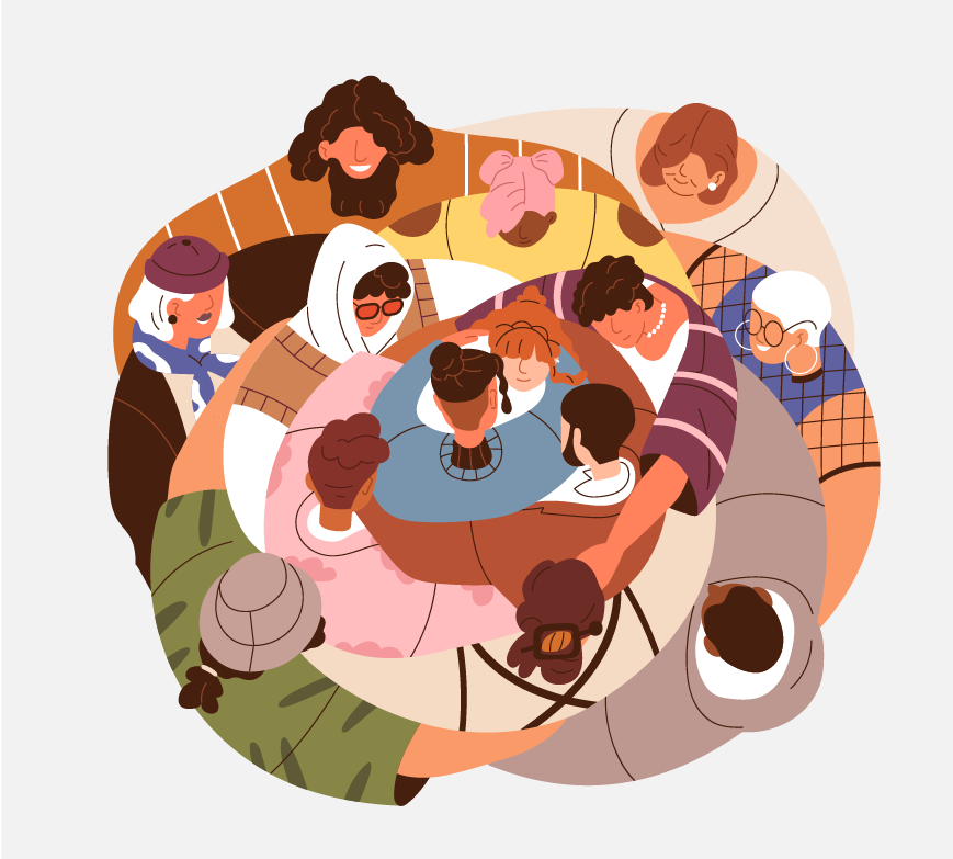 A big circle of fourteen friends hugging.