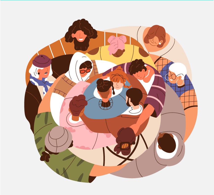 A big circle of fourteen friends hugging.
