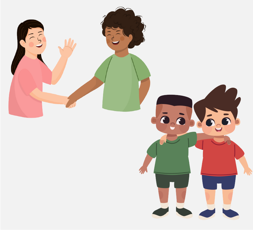 Two friends shaking hands; two other friends with their arms around each other.