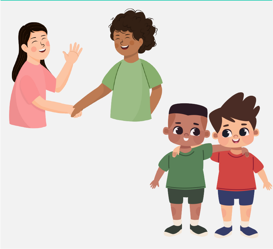 Two friends shaking hands; two other friends with their arms around each other.