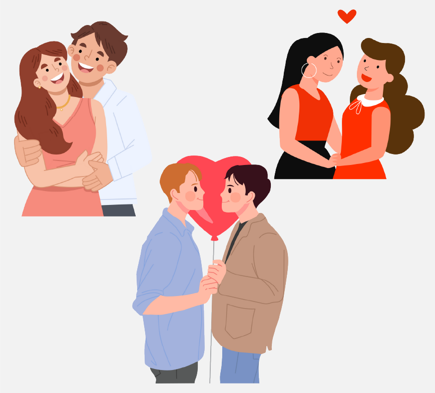 Three different couples hugging and holding hands.