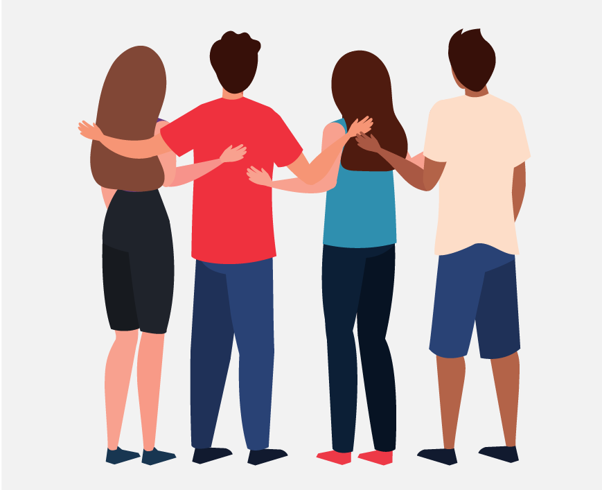 A group of four friends with their hands around each other's backs.