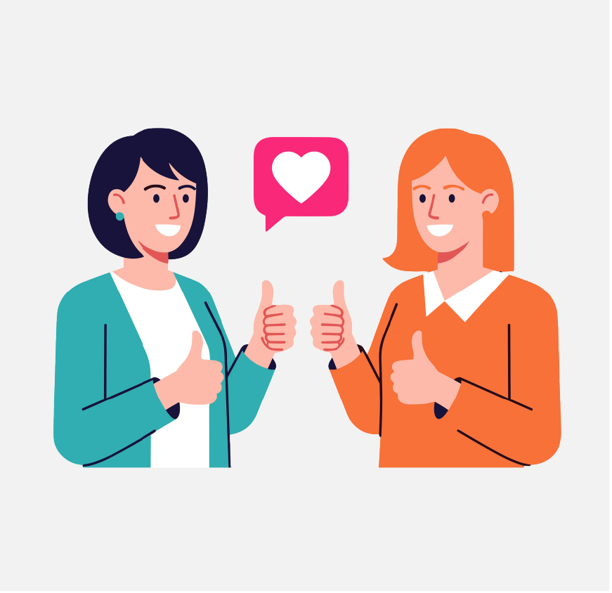 Graphic of two women giving each other the thumbs up, there is a heart emoji between them and they are smiling.