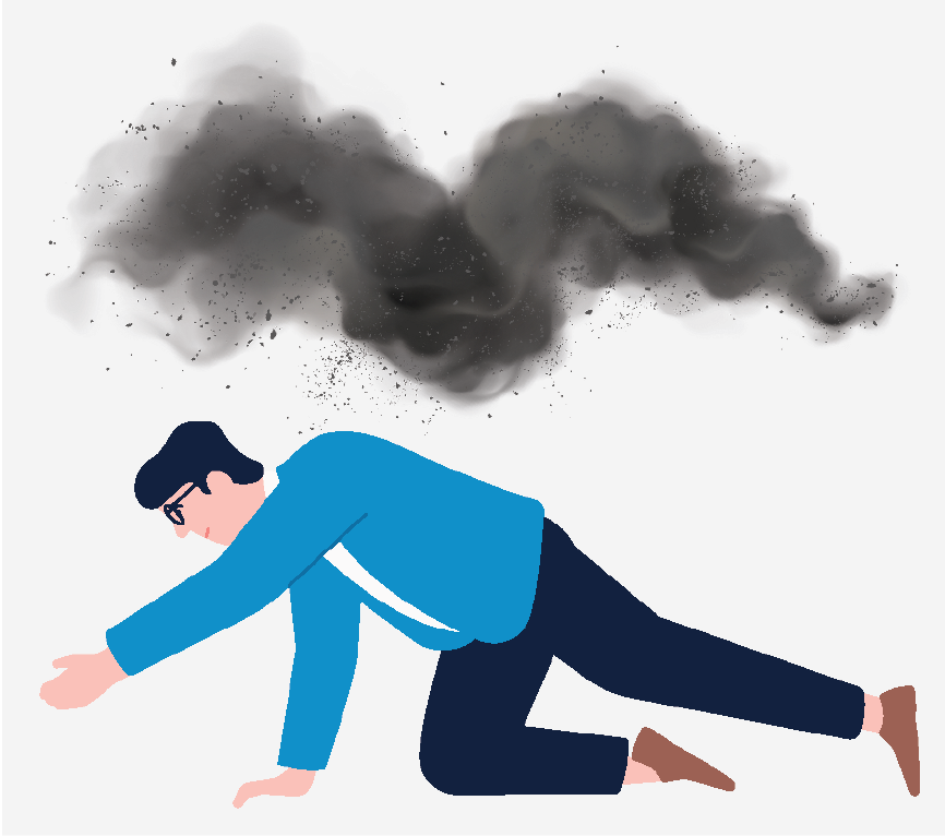 A man crawling under a cloud of smoke.