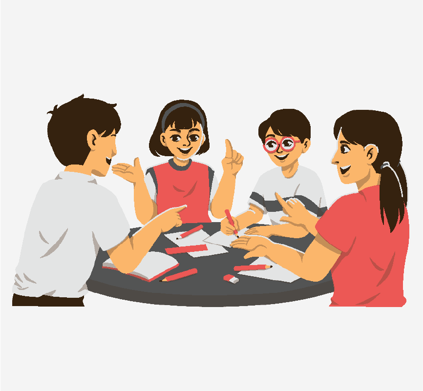 A group of four people sitting and talking at a table.