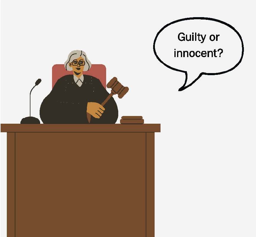 A judge sitting at their bench, holding a gavel, and asking, 