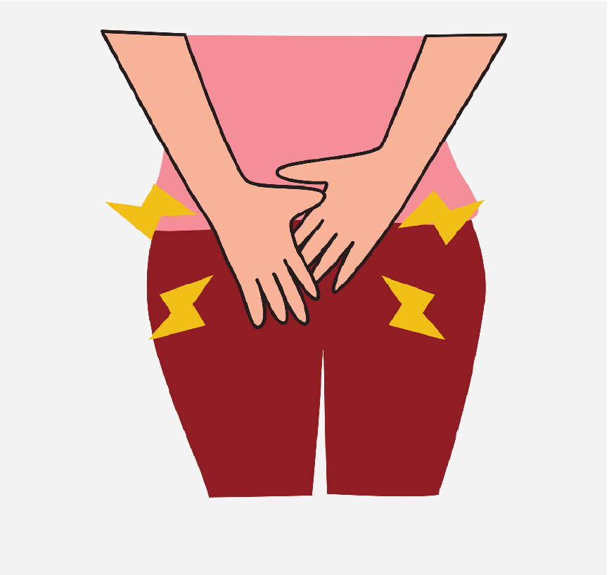 The lower half of someone's body. Two hands are covering their private part area. There are yellow lightning bolt shapes around the hands.