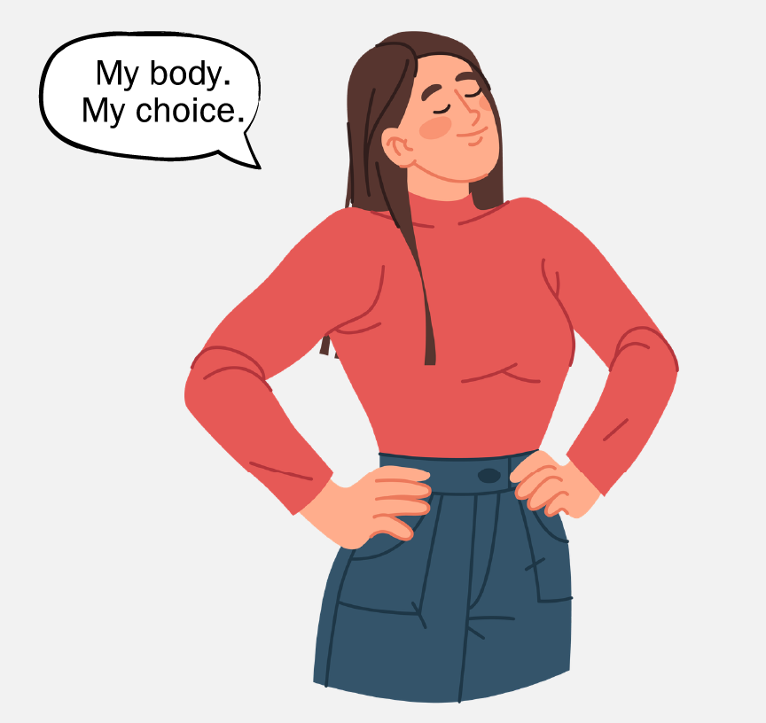 A woman standing with her hands on her hips saying, 