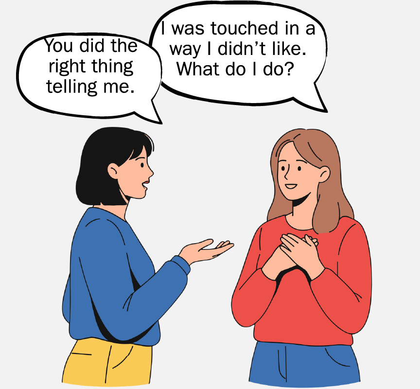 Two women talking. One is saying, 