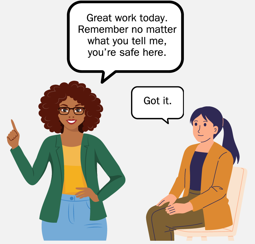 A Therapist pointing her finger and saying, 