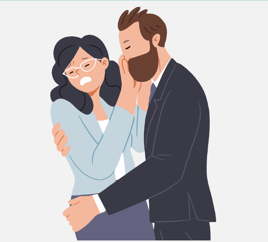 A man is putting his arms around a woman who is trying to back away from him and is putting her hands up between their faces.
