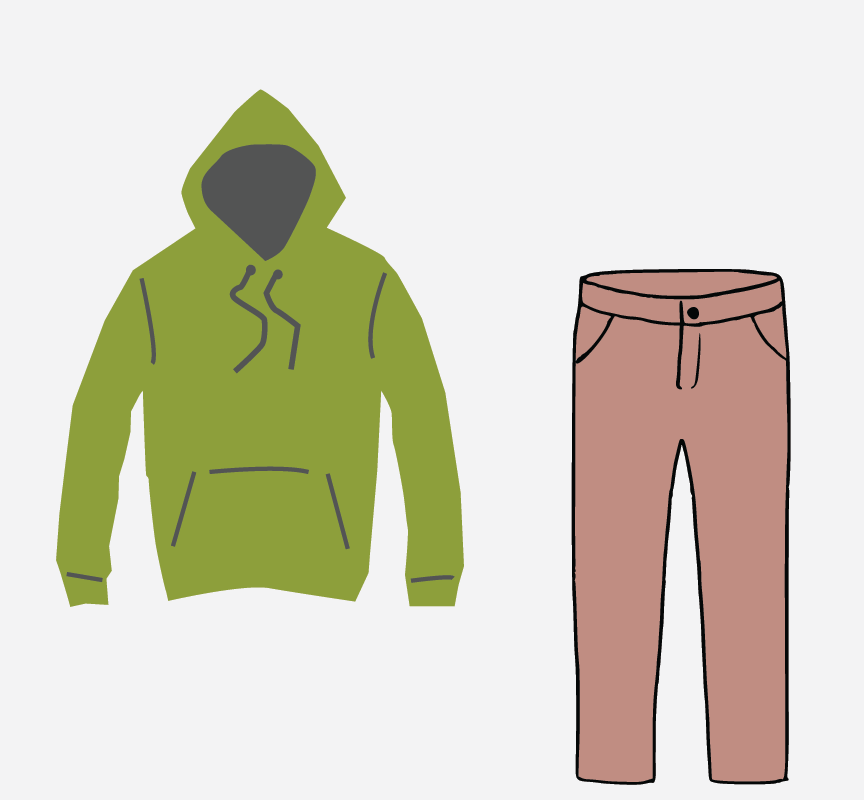 A green hoodie and brown pants