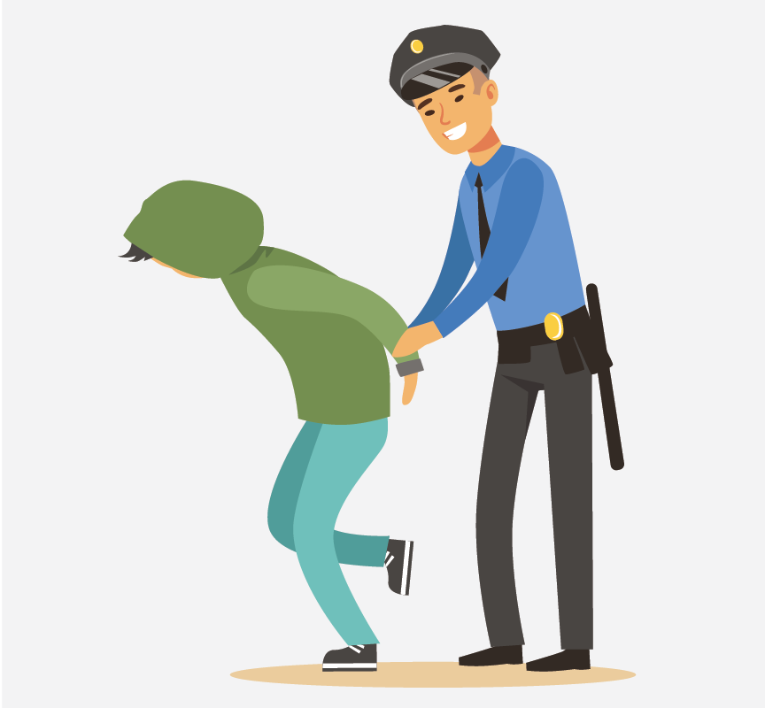 A person in a green hoodie being handcuffed by a police officer.