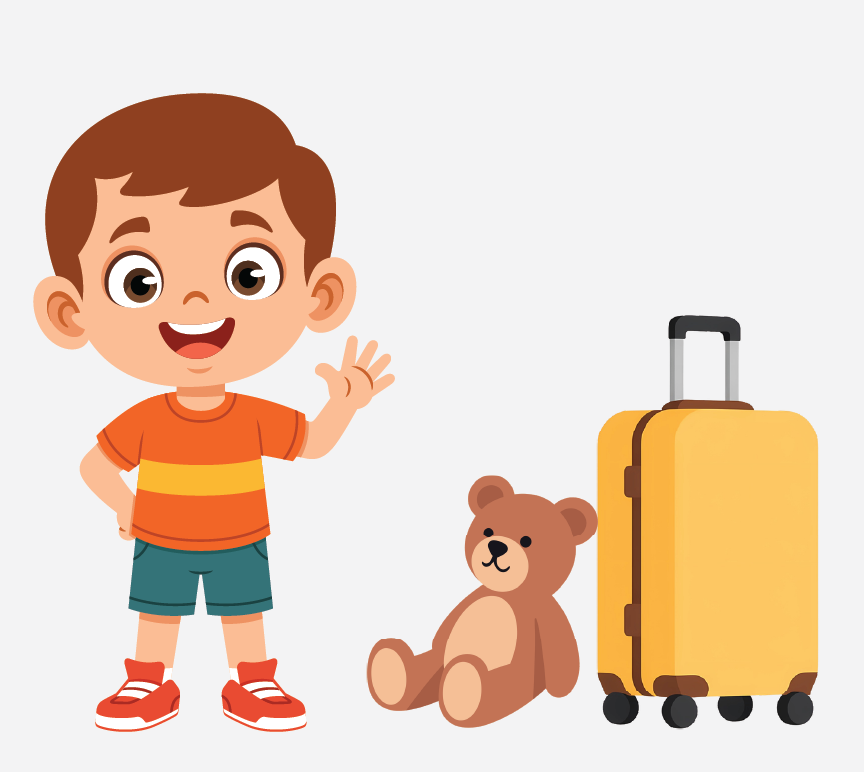 A little boy waving with a suitcase and teddy bear