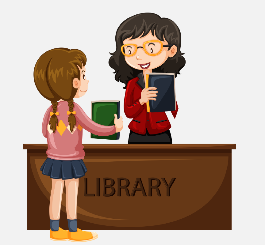 A young girl talking to a librarian and checking out books at the library.