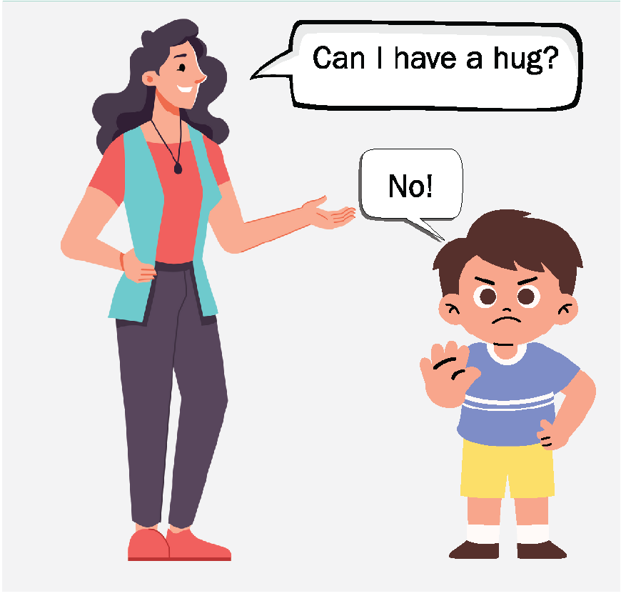 A woman asking, “Can I have a hug?” A young boy with his hand up saying, “No.”