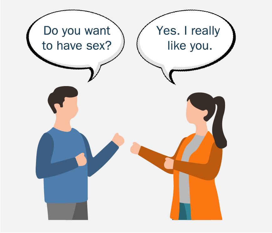 Graphic of a man and a woman talking. The man saws 