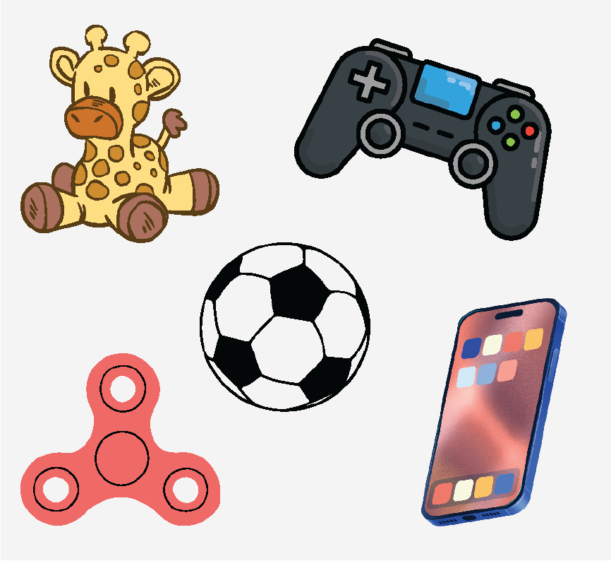 A stuffed toy giraffe, a video game controller, a soccer ball, a fidget spinner, and a smartphone.