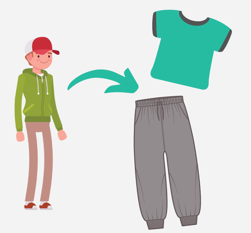 Image of a boy and an arrow point to gray pants and a teal shirt.