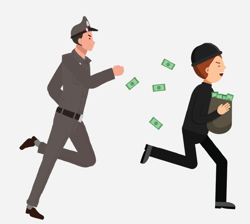 A man with a bag full of money being chased by a police officer.