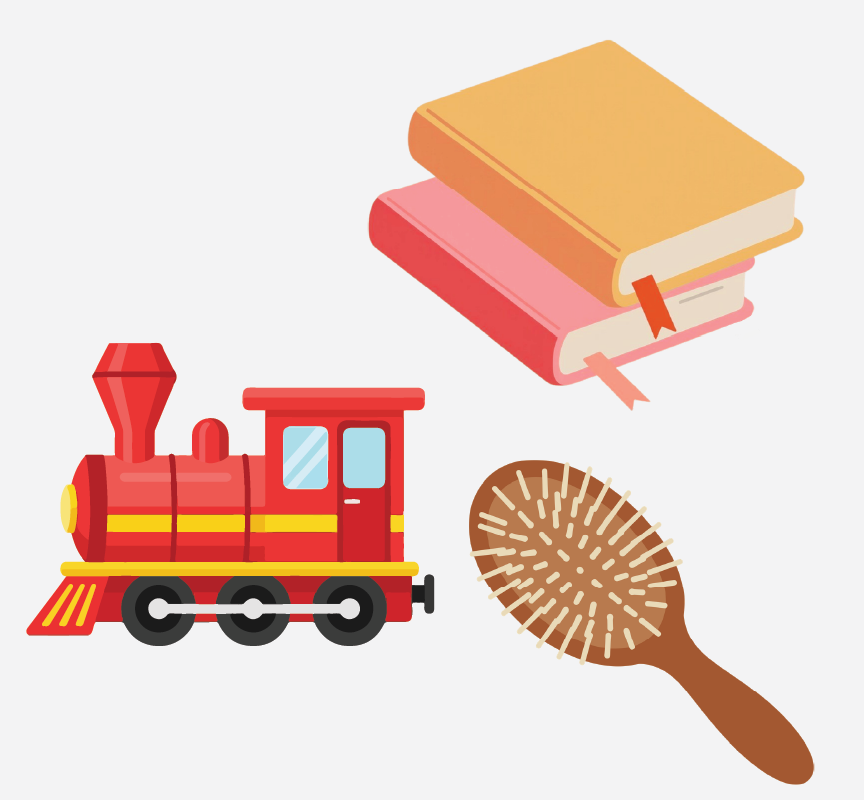 Images of a train, hairbrush, and books