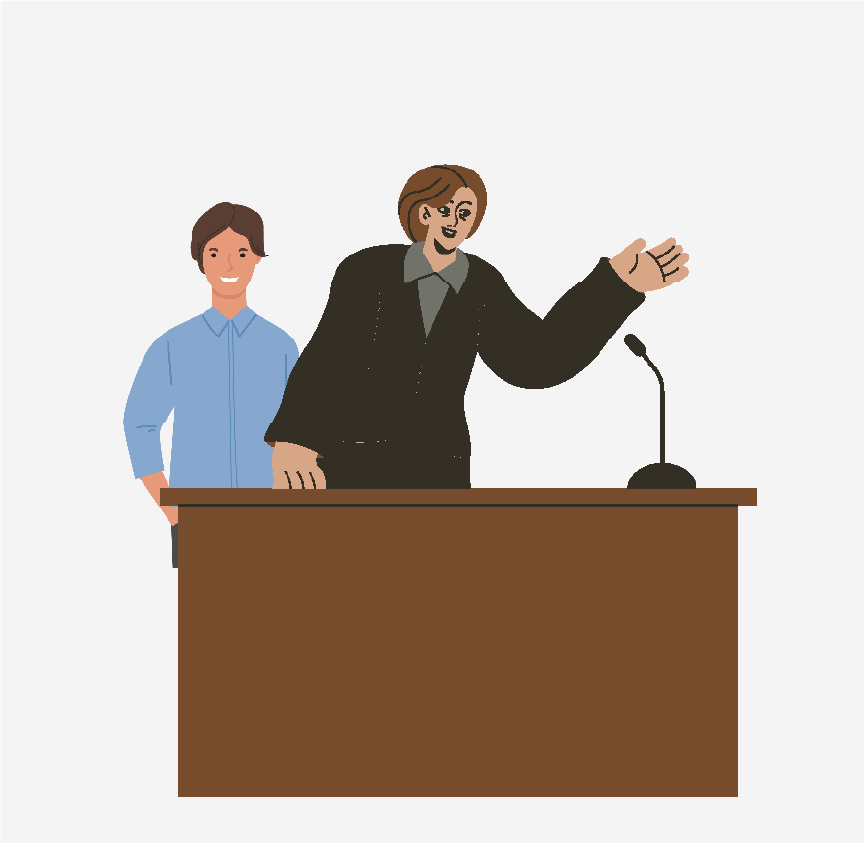 A man and an attorney sitting at a table. The attorney is talking with their hand up.