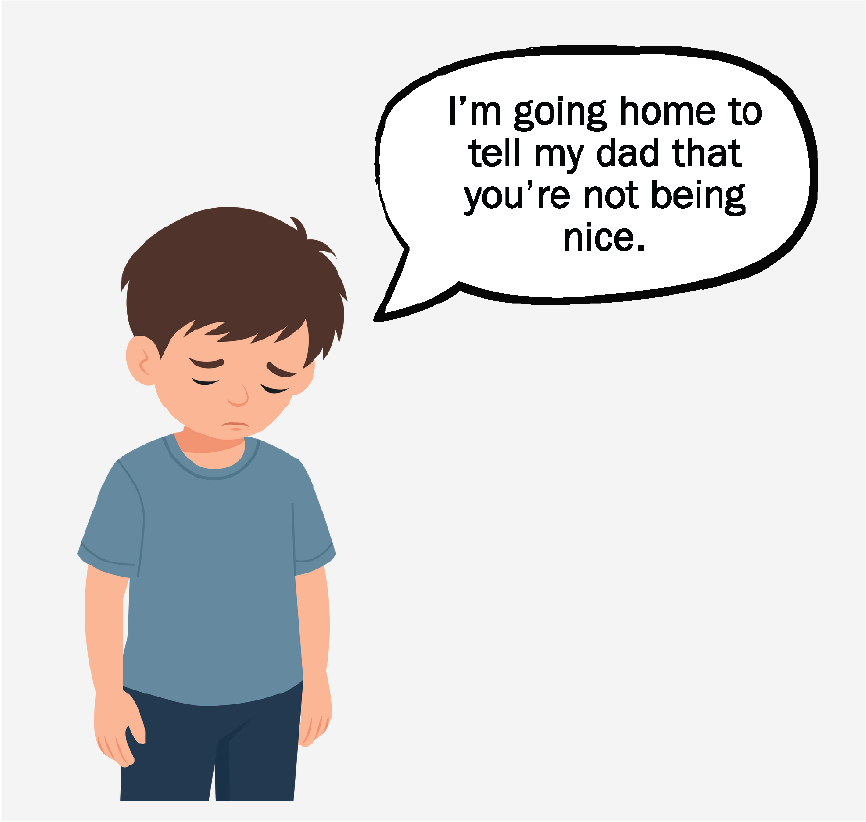 A sad, young boy saying, 