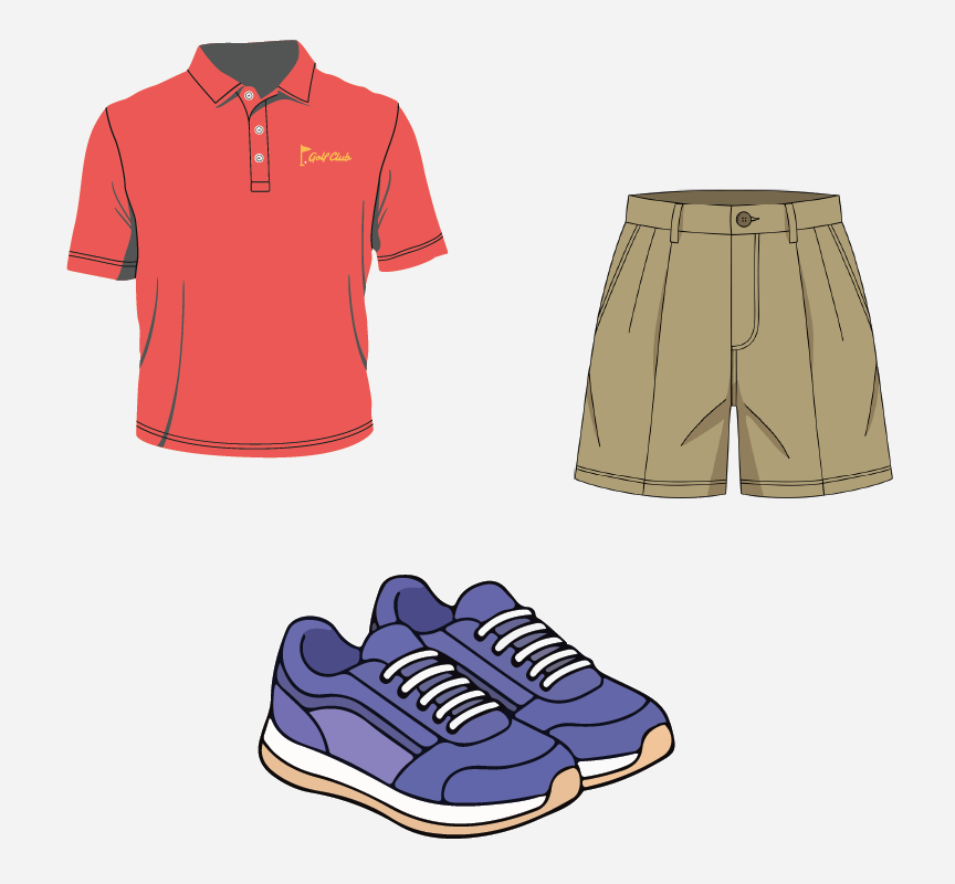 Images of a shirt, shorts, and shoes