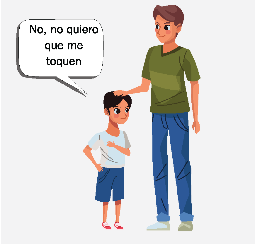 Un adolescente con la mano sobre la cabeza de un niño más pequeño. El niño dice: “Por favor, no me toques”.