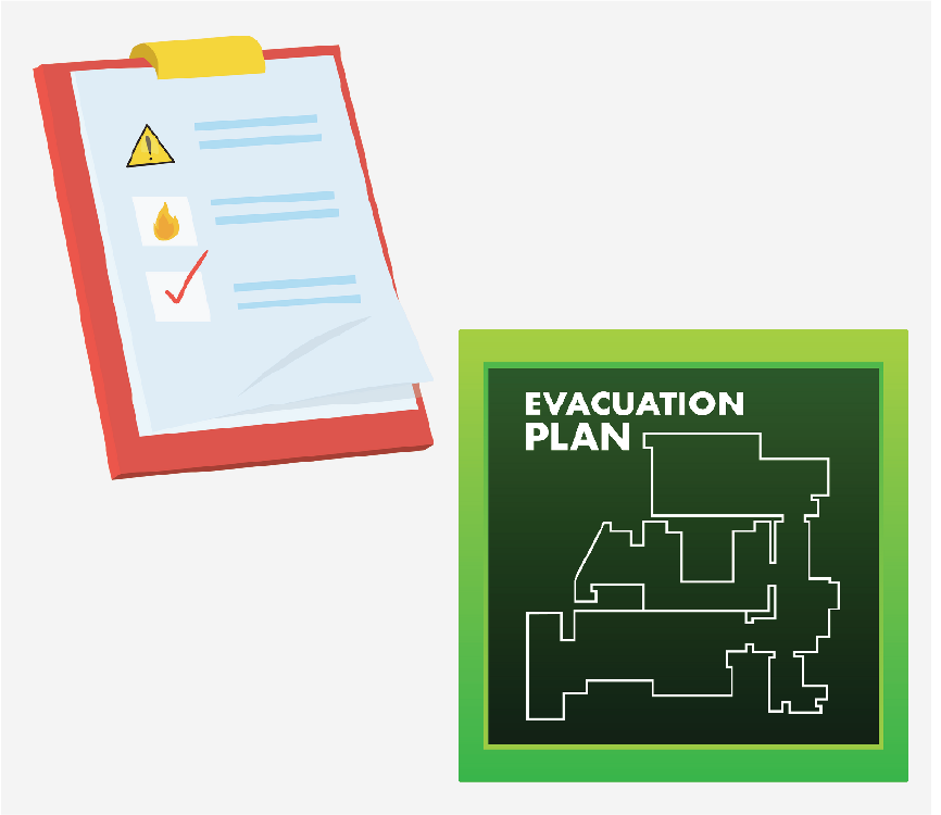 A checklist on a clipboard and an evacuation plan map.