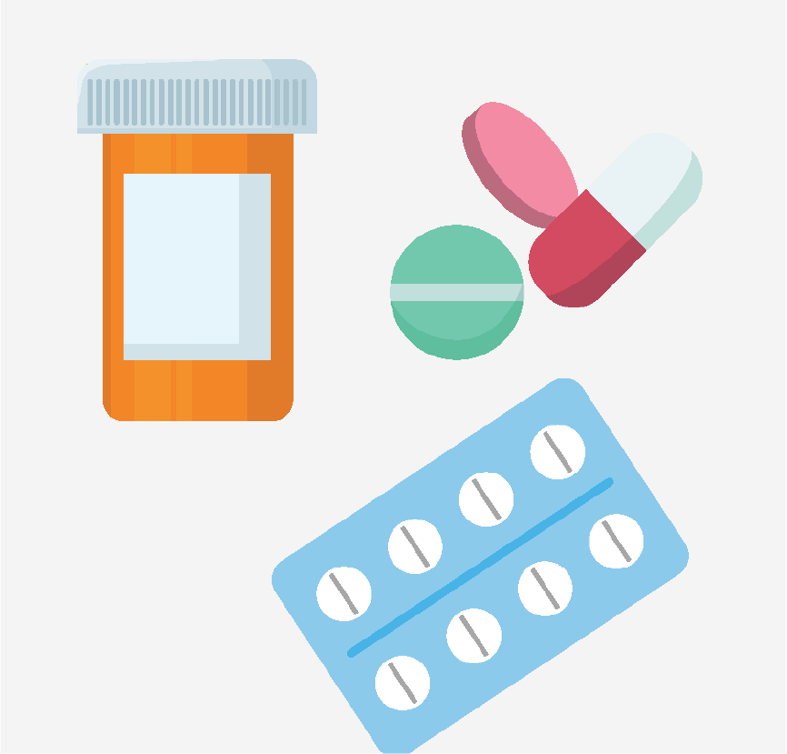 A pill bottle, a pill packet, and a group of three pills.