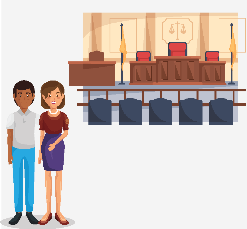 A man and woman standing inside a courtroom. The man's arm is around the woman's shoulder.