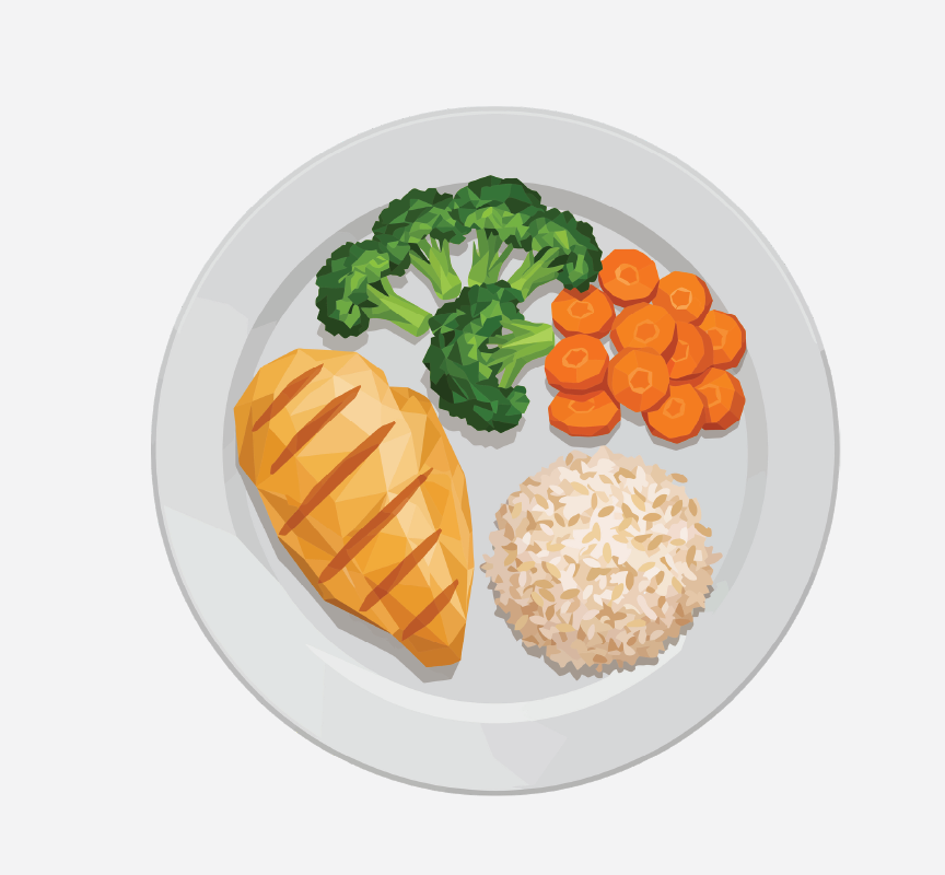 Image of a dinner plate with chicken, broccoli, carrots, and rice
