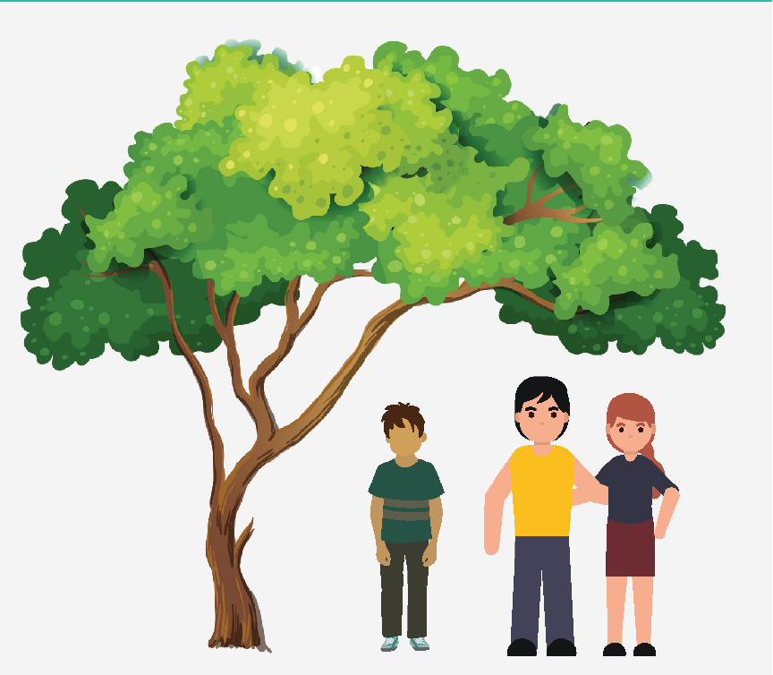 A family of three under a big tree.