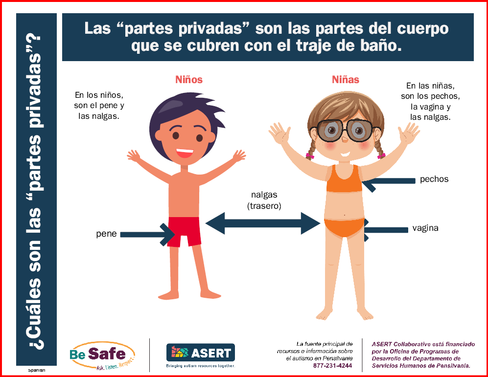 Graphic of a boy and a girl with their private parts labeled, in Spanish.