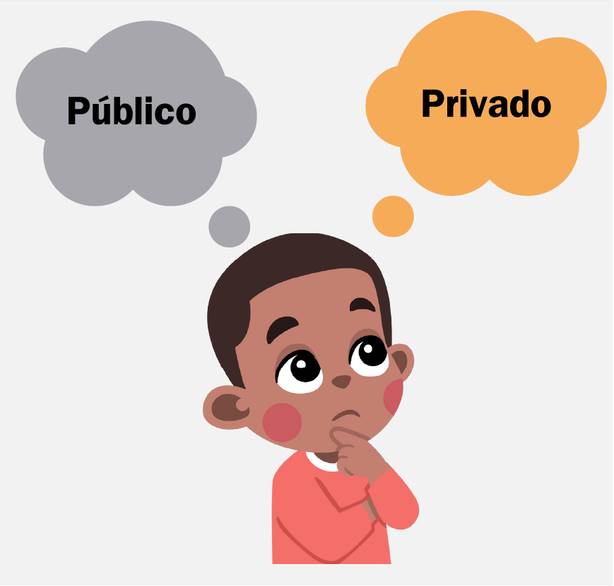 Un niño pequeño pensando en las palabras “público” y “privado”.