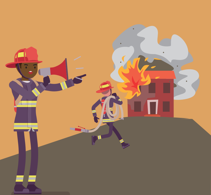 A firefighter stands outside a burning house speaking into a megaphone as another firefighter carries a hose into the house.