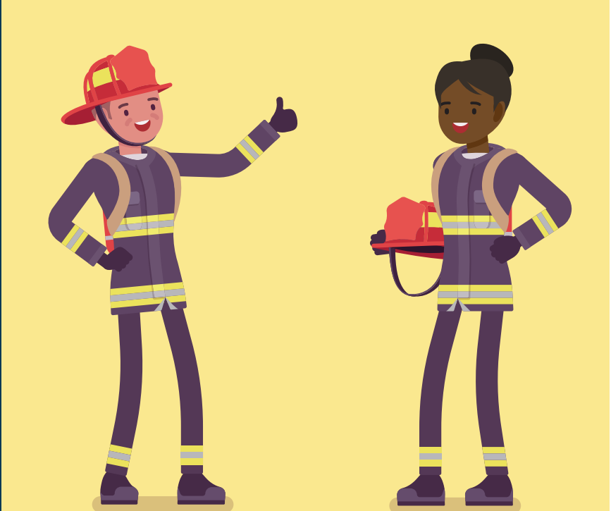 A smiling firefighter on the left holds out a thumbs up to smiling firefighter on the right.