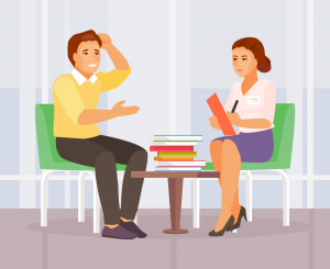 Cartoon rendering of a man sitting across from his therapist.