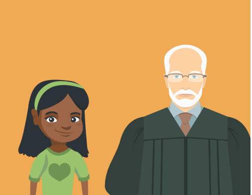 A young girl stands with a judge