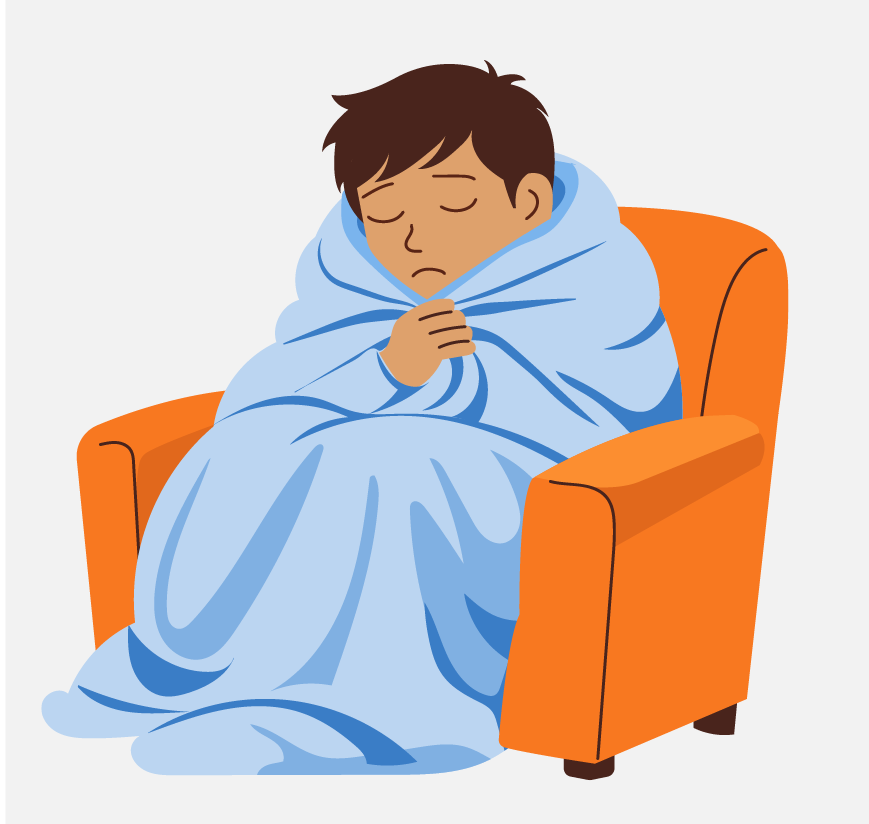 A boy wrapped in a blanket sitting on an orange chair.