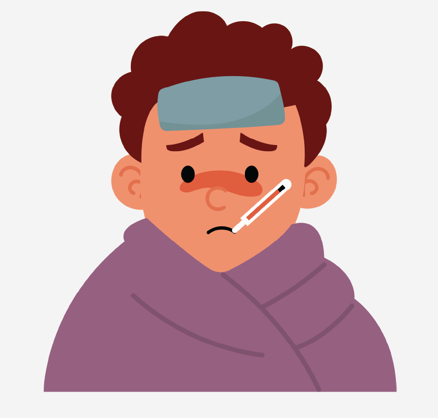 A boy wrapped in a blanket with a thermometer in his mouth.