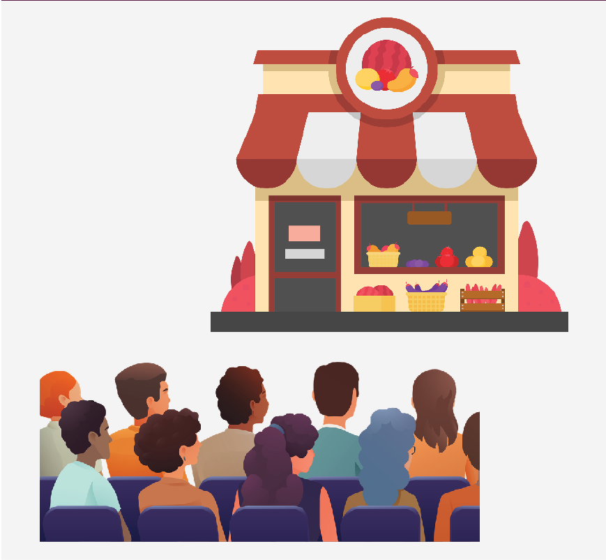 Un supermercado y un grupo de personas sentadas en los asientos de un auditorio.