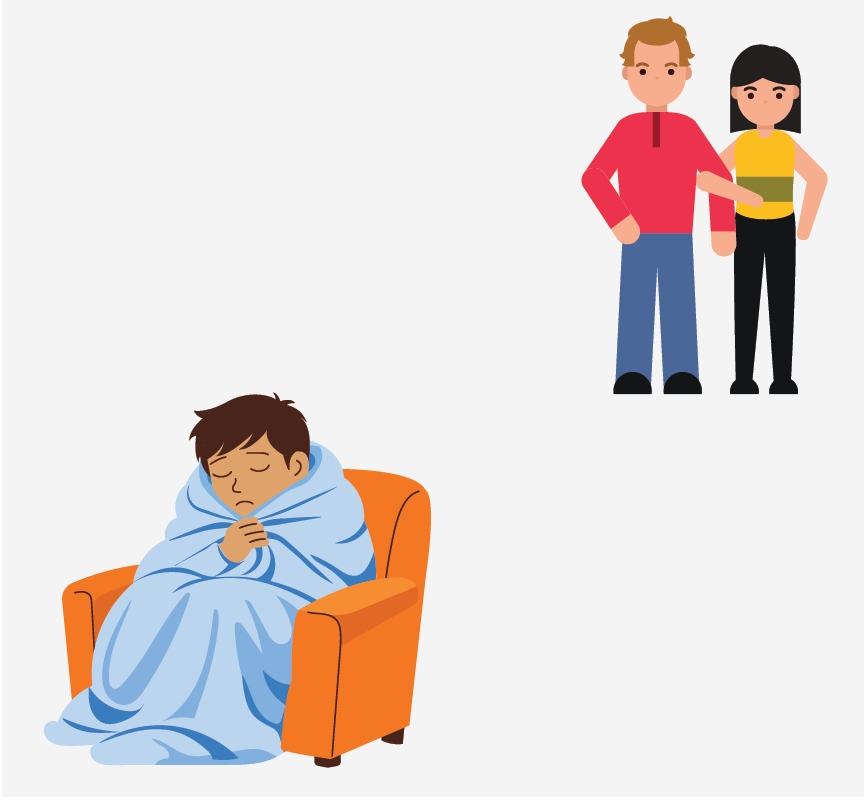 Two adults standing far away from a boy wrapped in a blanket.