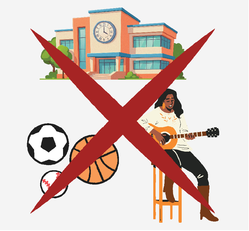 Un edificio escolar, un balón de fútbol, uno de baloncesto, uno de béisbol y una mujer tocando la guitarra con una gran X roja encima de todo.