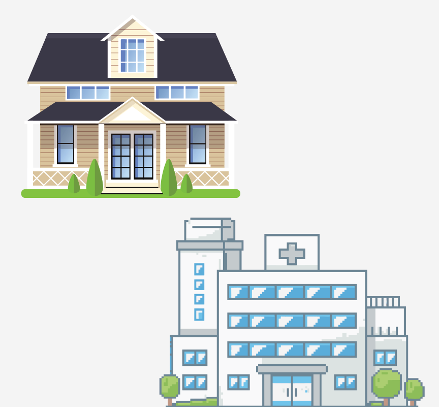 Images of a house and a hospital