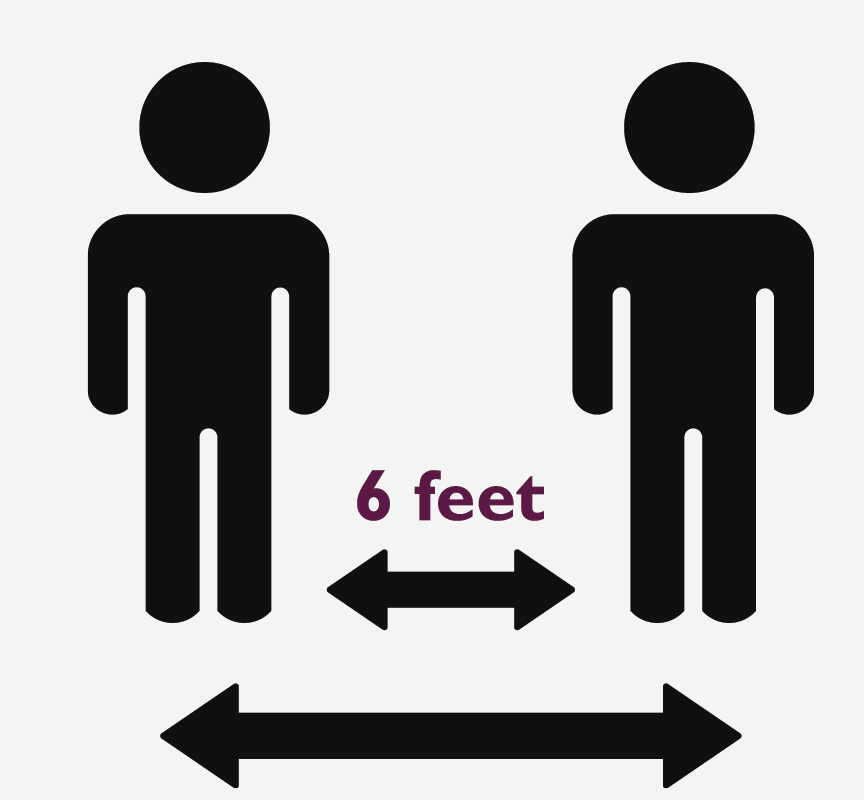 Graphic showing two figures standing 6 feet away from each other.
