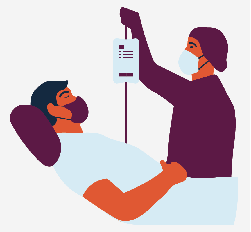 A nurse taking wearing a mask and gloves taking care of a sick man.