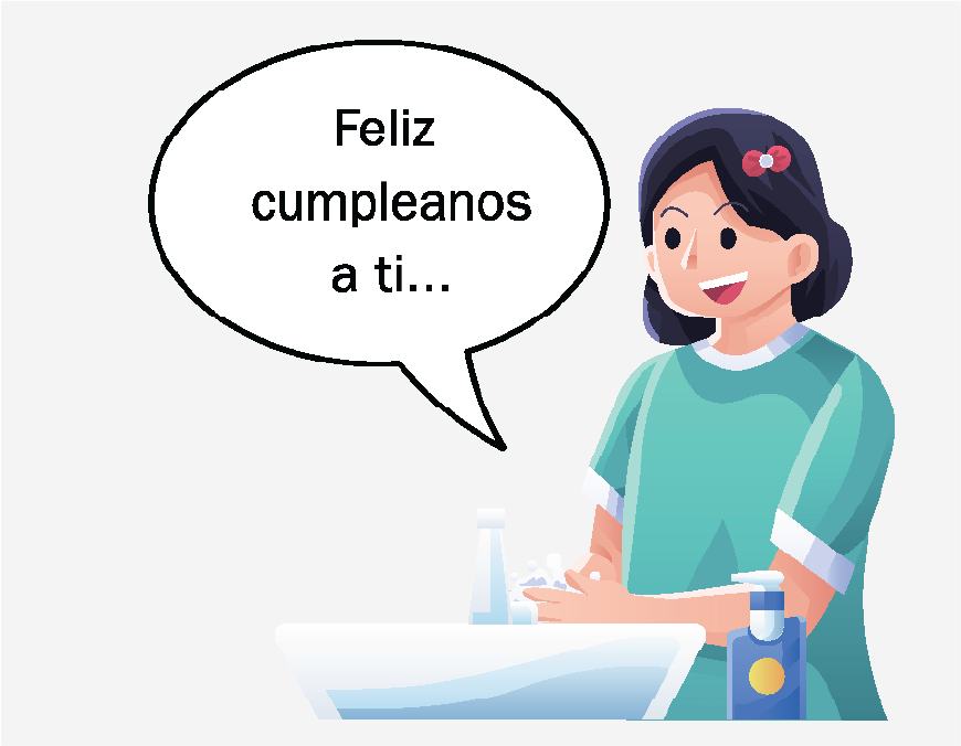 Una niña lavándose las manos en el lavabo y cantando “Feliz cumpleaños”.